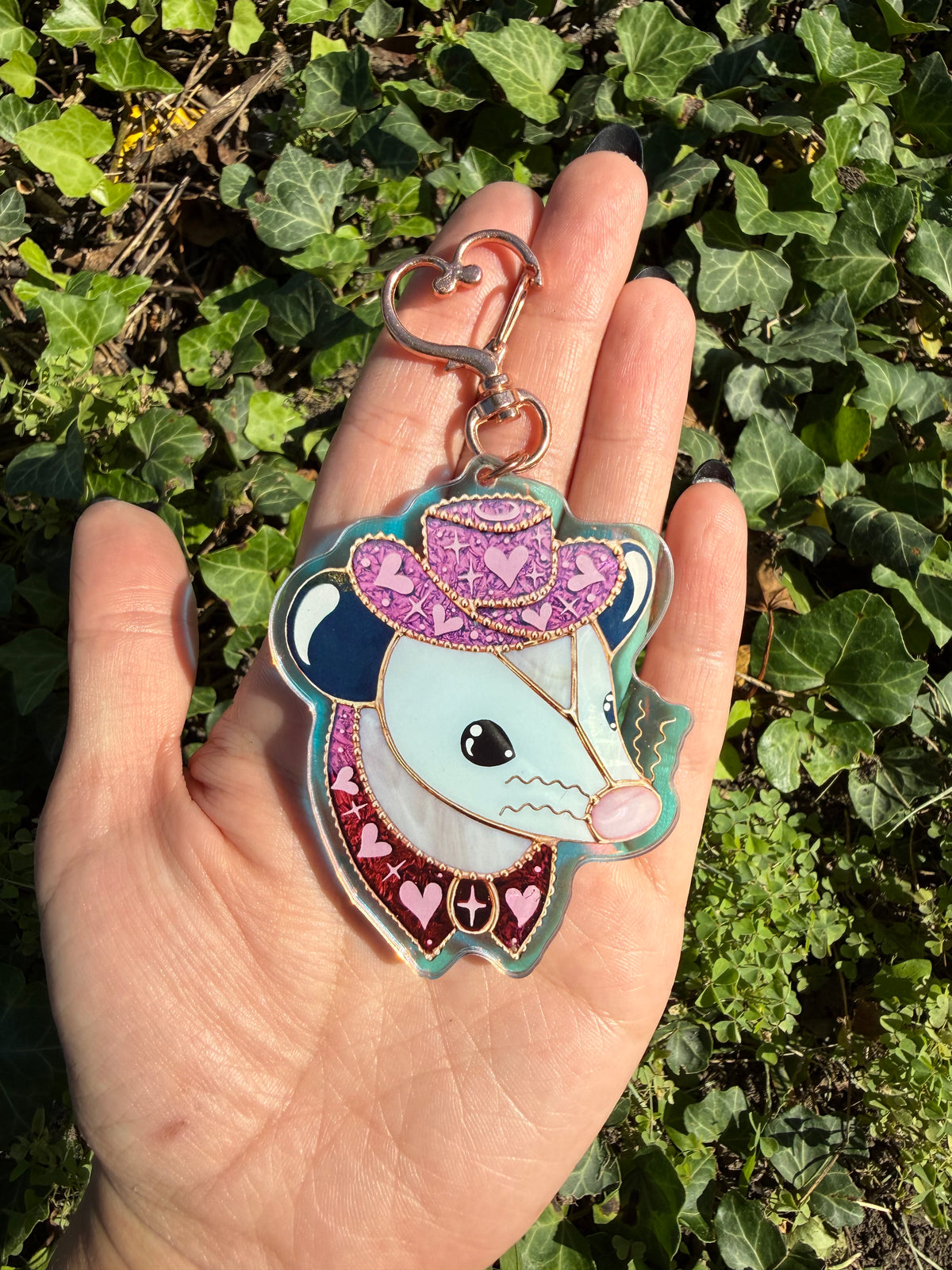 Gold Pink Pony Opossum Holographic Acrylic Bag Charm
