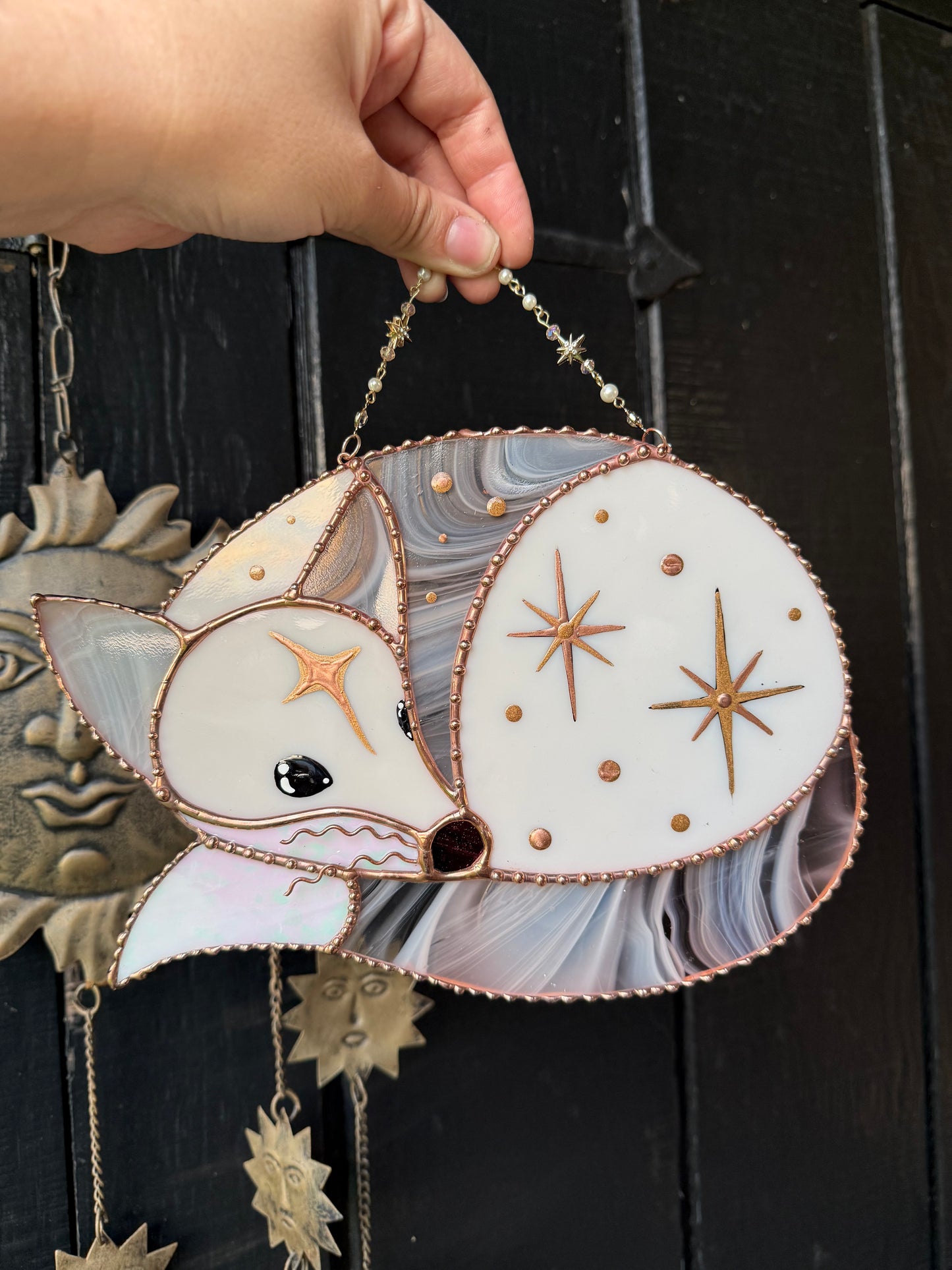 Large Celestial Pink Fox Stained Glass Suncatcher