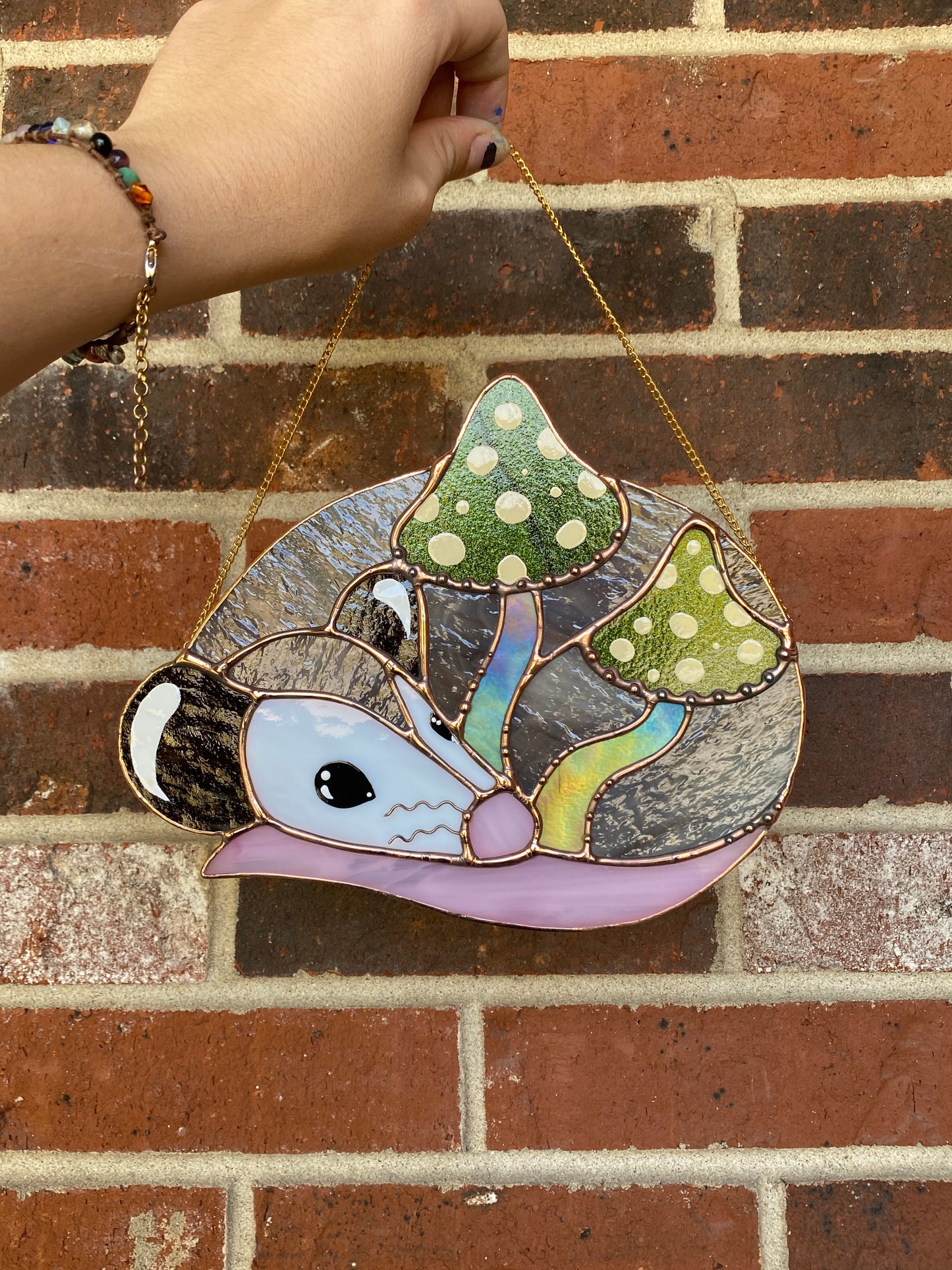 Enchanted Green Mushroom Opossum Stained Glass Suncatcher