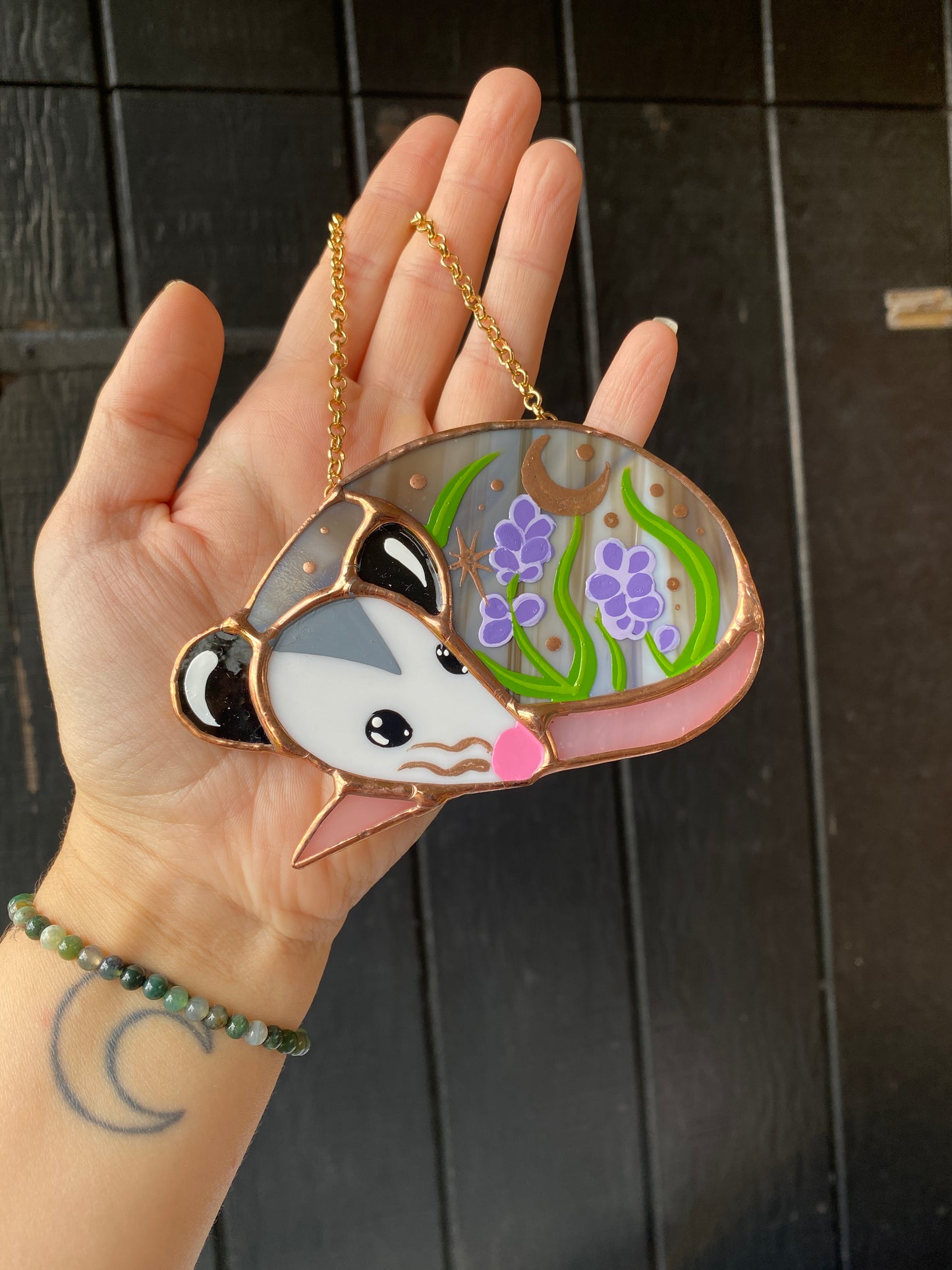 Sleepy Lavender Opossum Stained Glass Ornament
