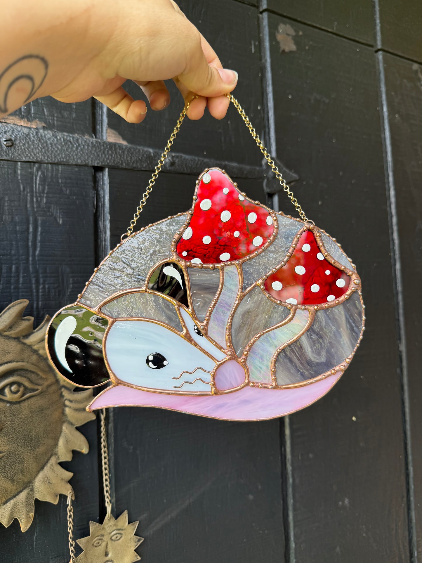 Mushroom Opossum Stained Glass Suncatcher