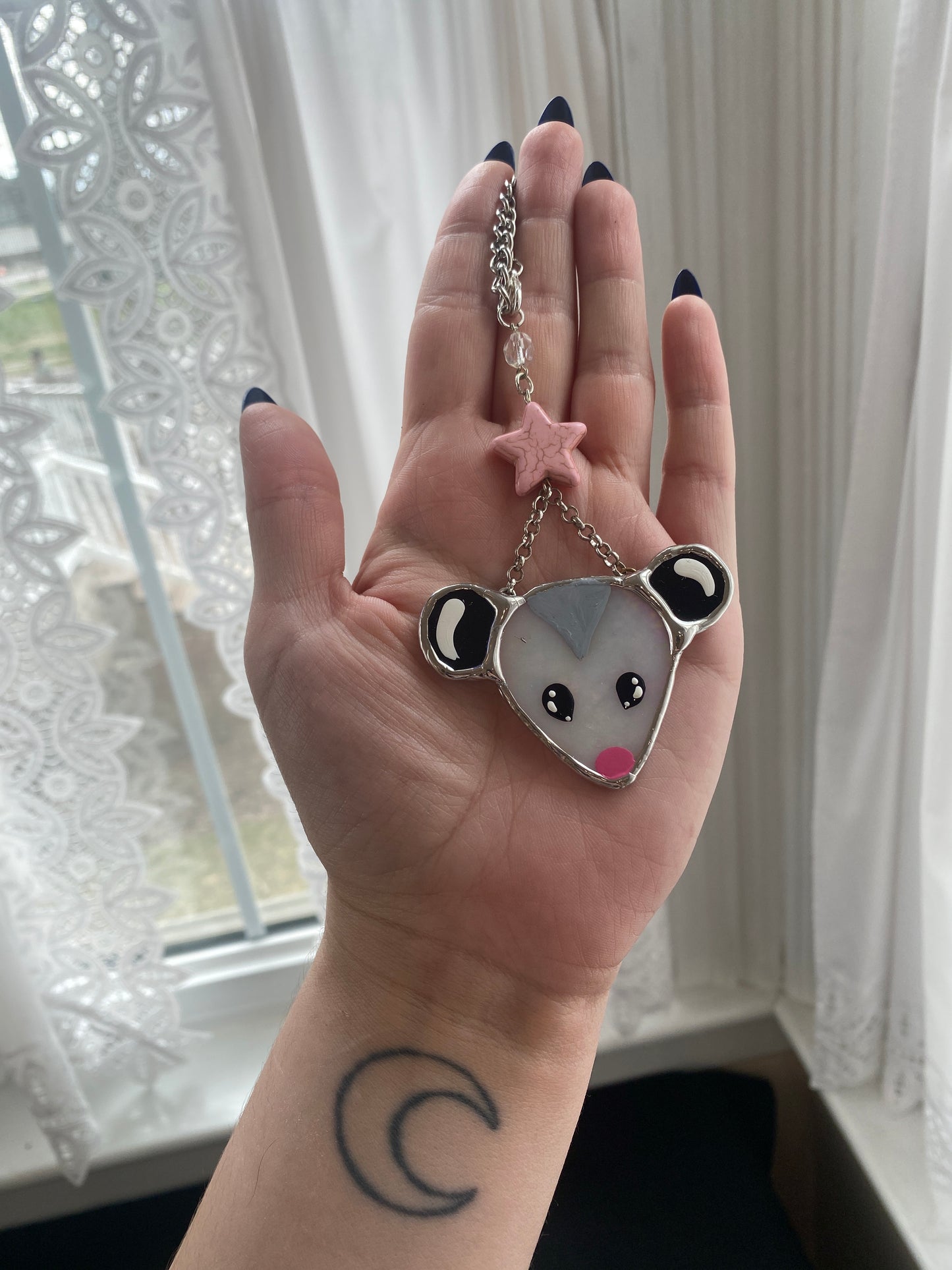 Light Pink Star Opossum Stained Glass Charm