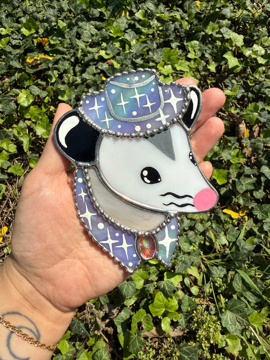Mini Purple Cowboy Opossum Stained Glass Suncatcher