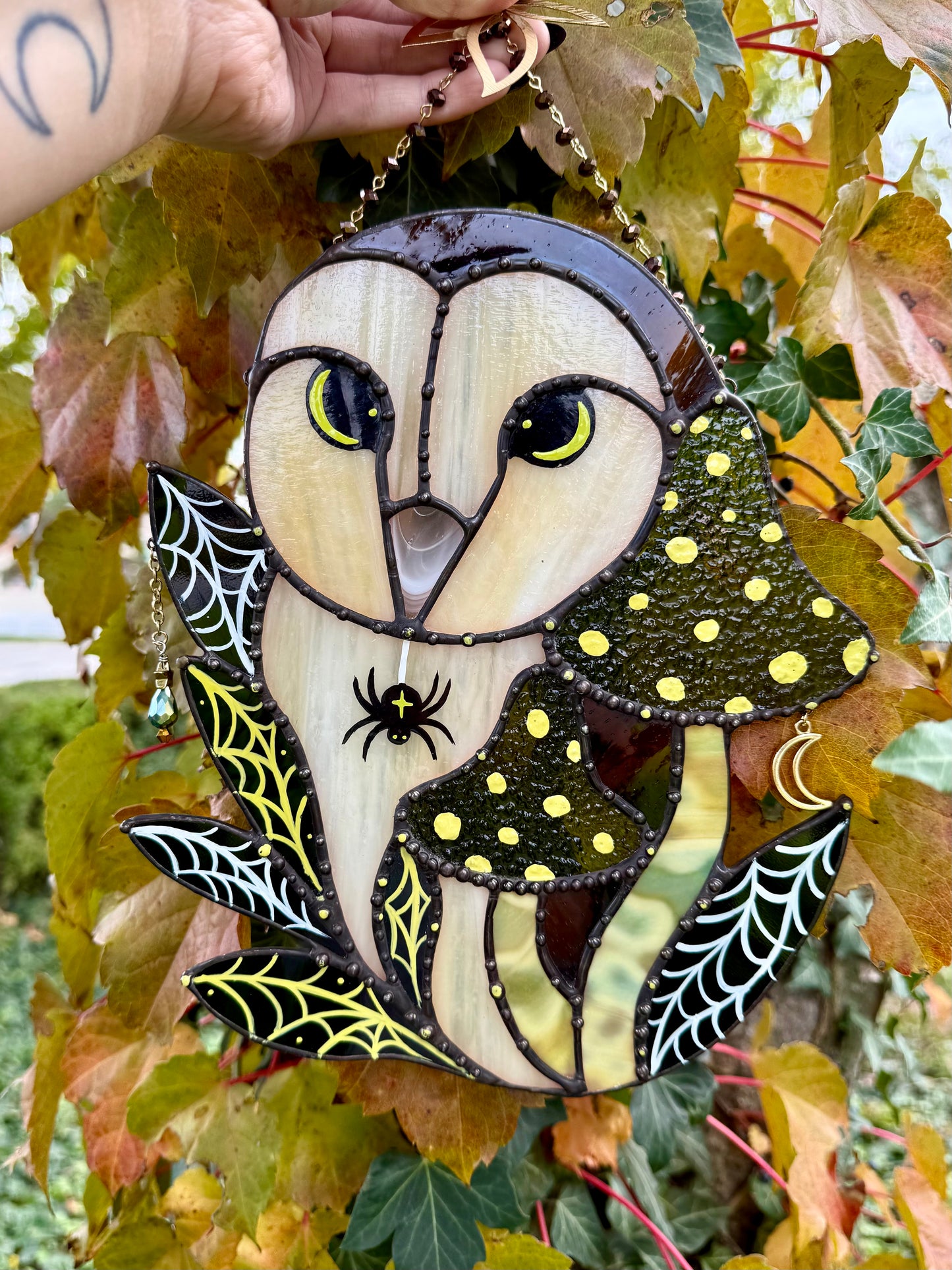 Spooky Spider Owl Stained Glass Artwork