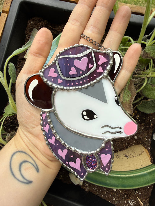 Purple Hearts Cowboy Opossum Stained Glass Suncatcher
