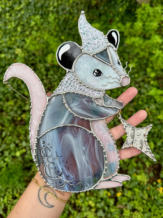 Silver Wizard Opossum Stained Glass Suncatcher