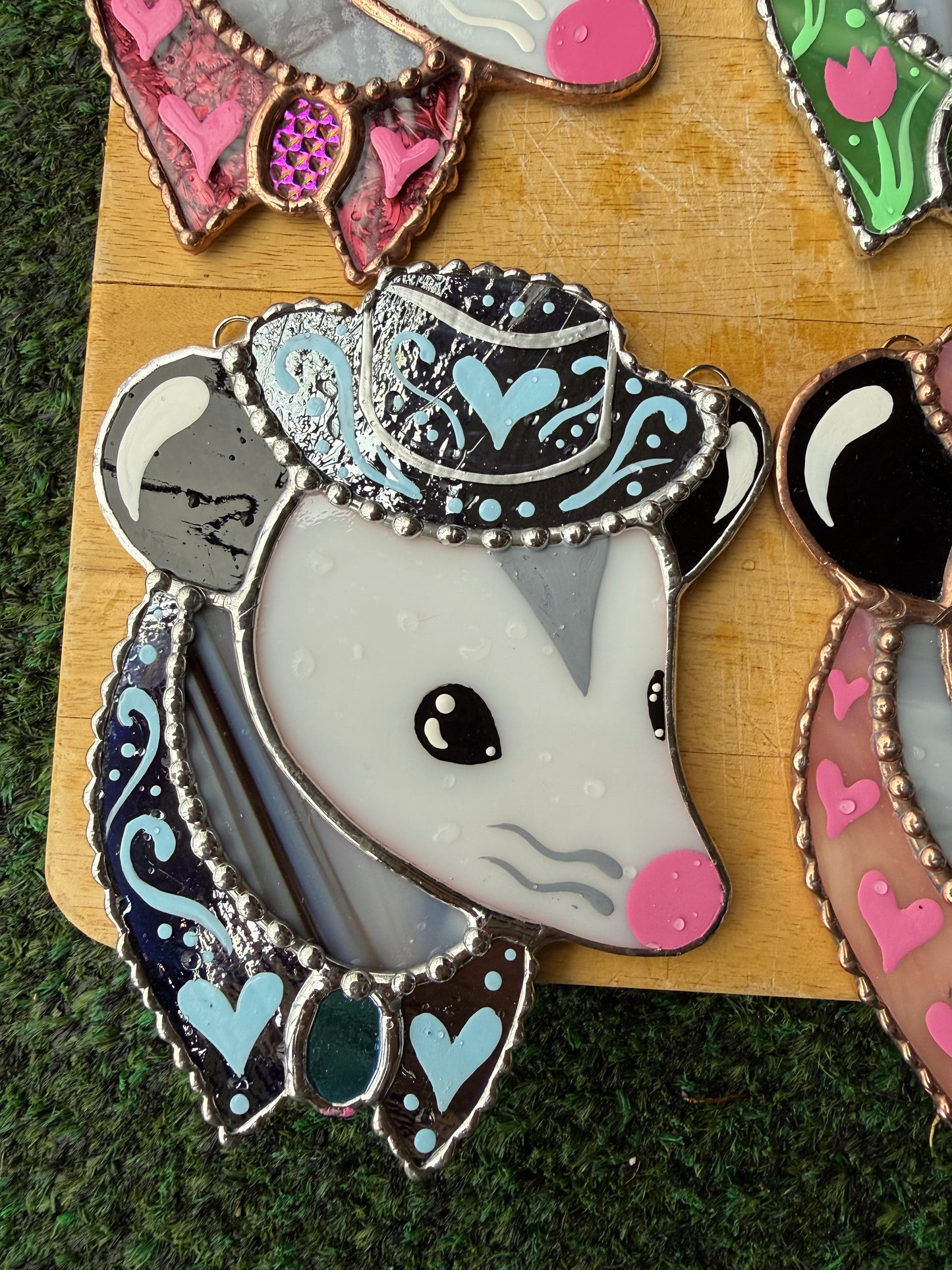 Irridescent Denim Heart Cowboy Opossum Mini Stained Glass Suncatcher