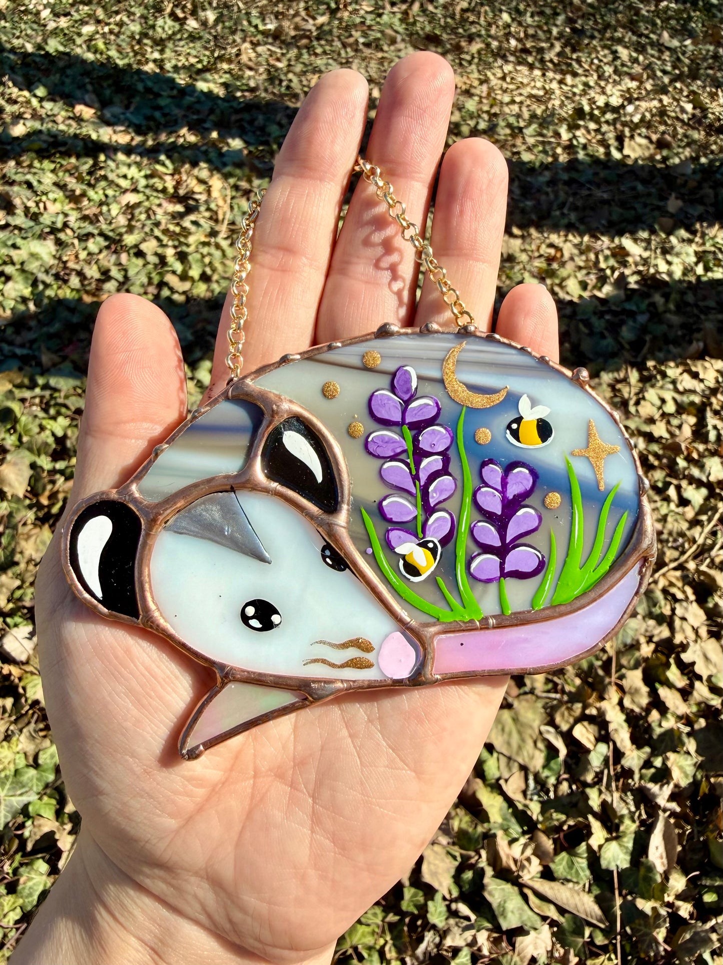 Sleepy Lavender Opossum Stained Glass Mini
