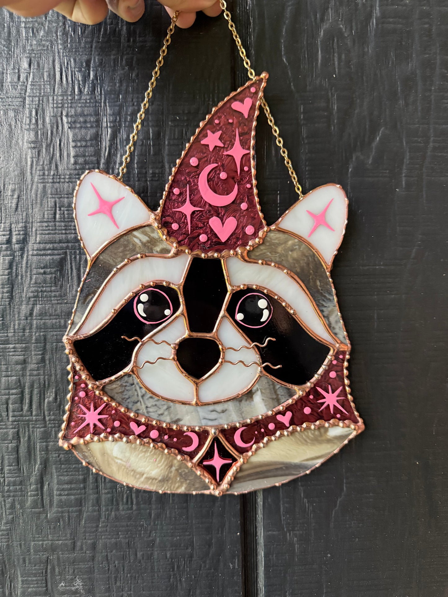 Pink Wizard Raccoon Stained Glass Suncatcher
