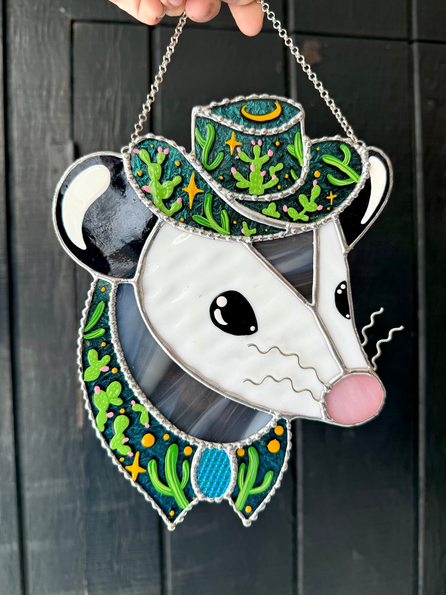 Cactus Cowboy Opossum Stained Glass Suncatcher