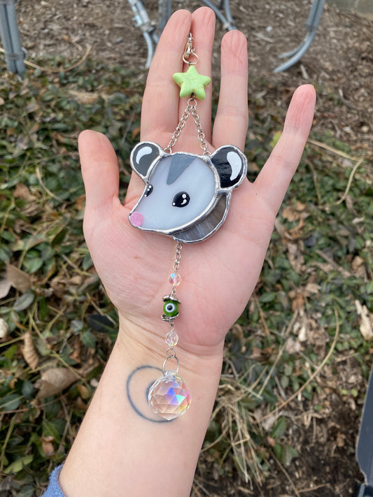 Green Star Opossum Stained Glass Charm