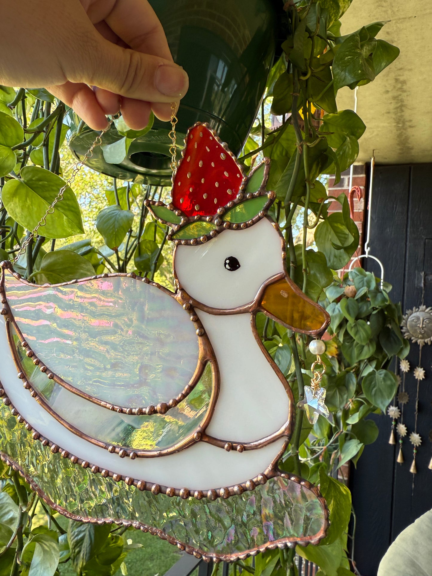 Iridescent Strawberry Duck Stained Glass Suncatcher