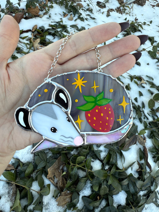 Sleepy Red Strawberry Opossum Stained Glass Ornament