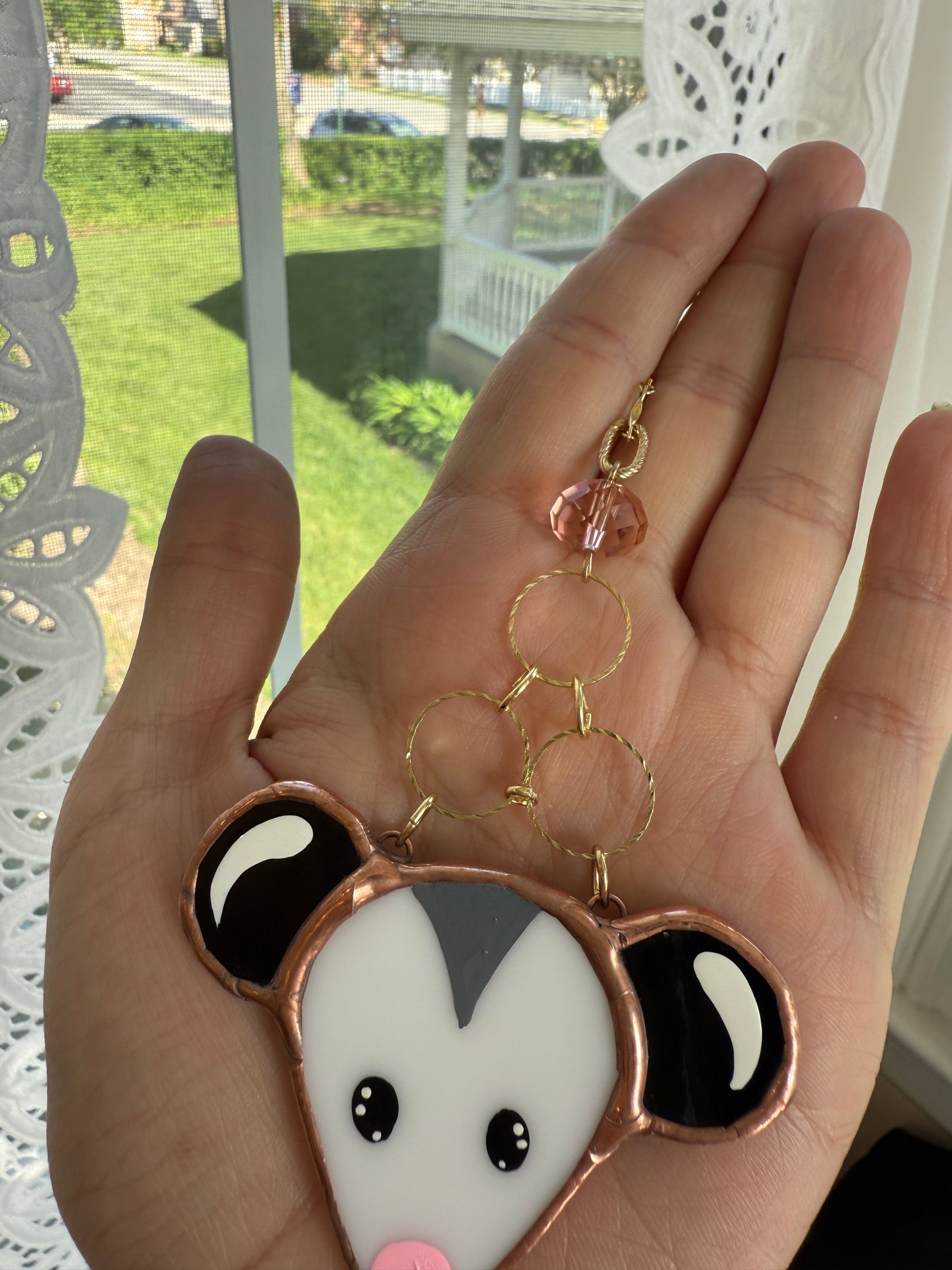 Dainty Gold Opossum Stained Glass Car Charm