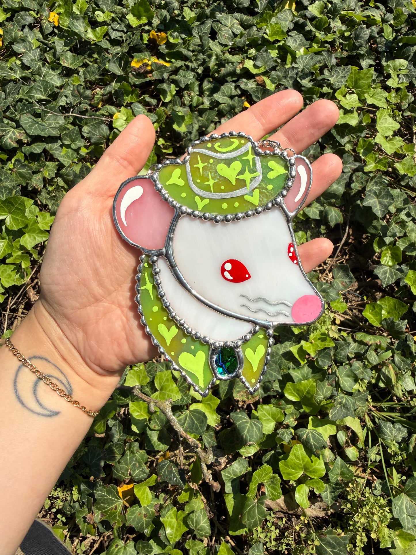 Mini Green Cowboy Mouse Stained Glass Suncatcher