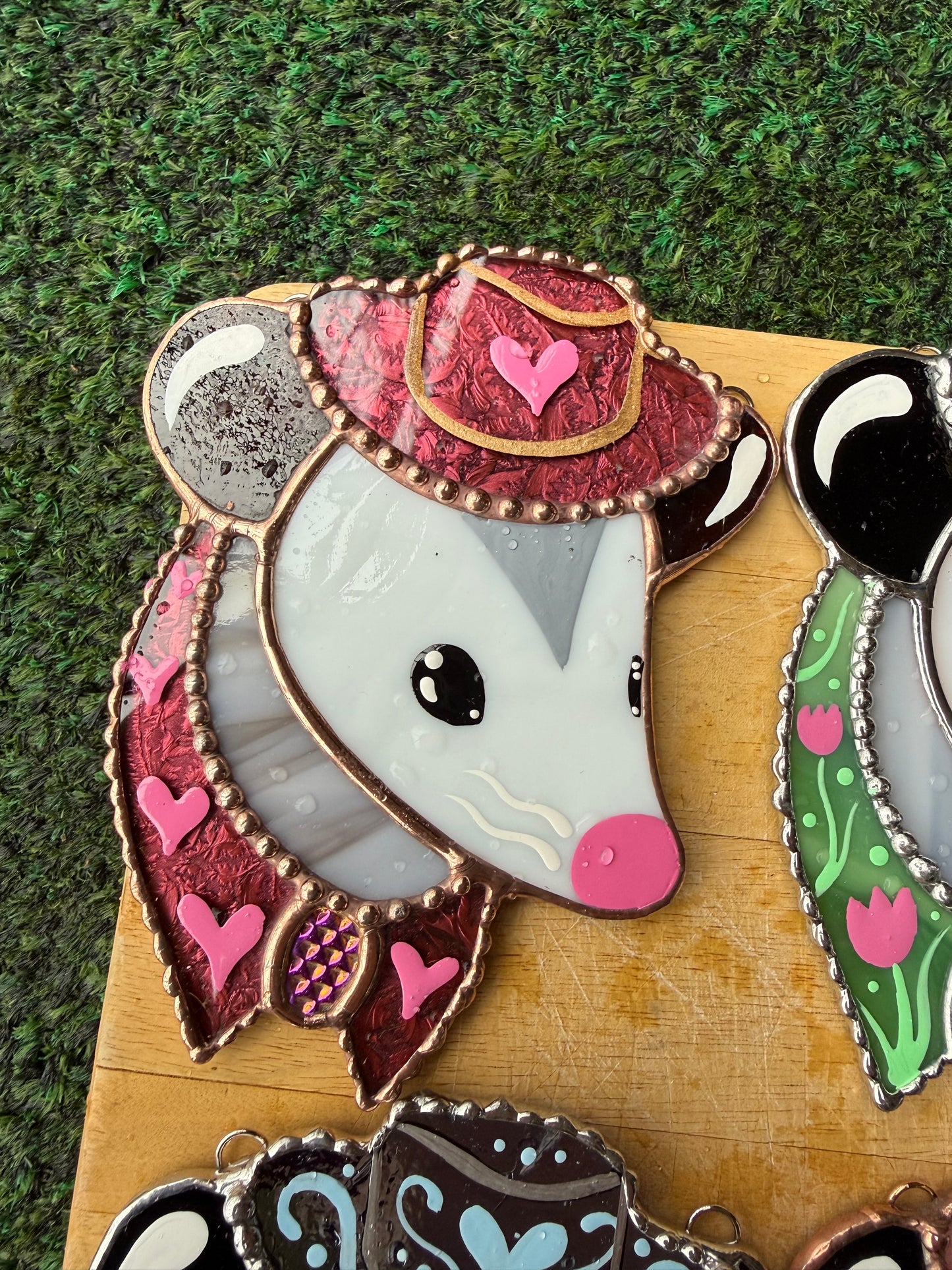 Van Gogh Pink Heart Cowboy Opossum Mini Stained Glass Suncatcher