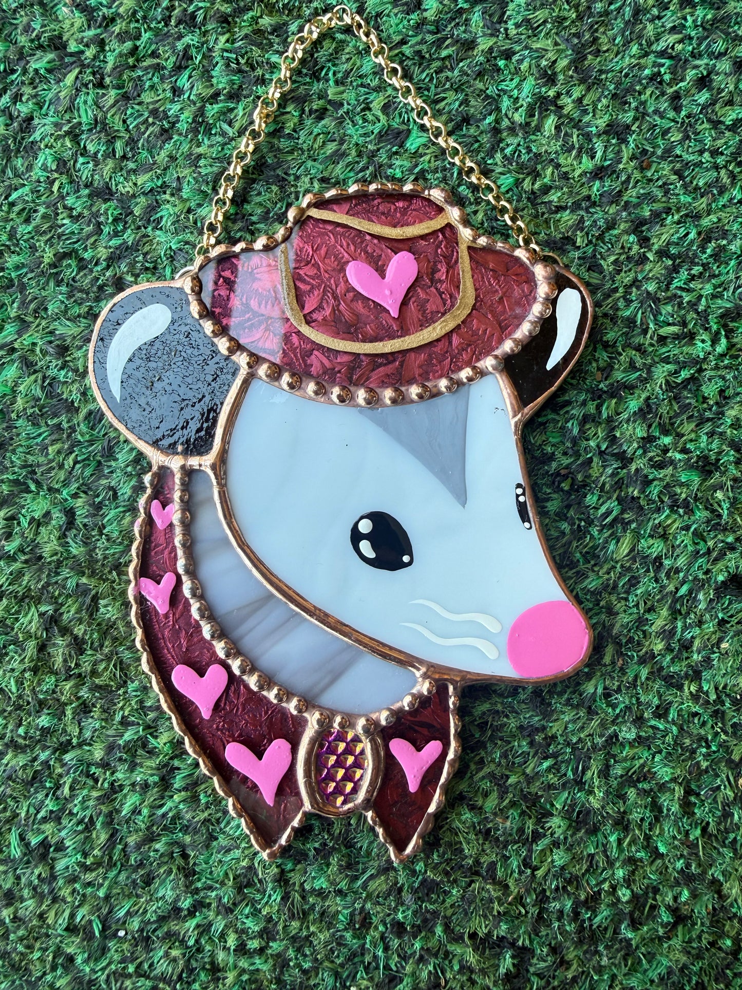 Van Gogh Pink Heart Cowboy Opossum Mini Stained Glass Suncatcher