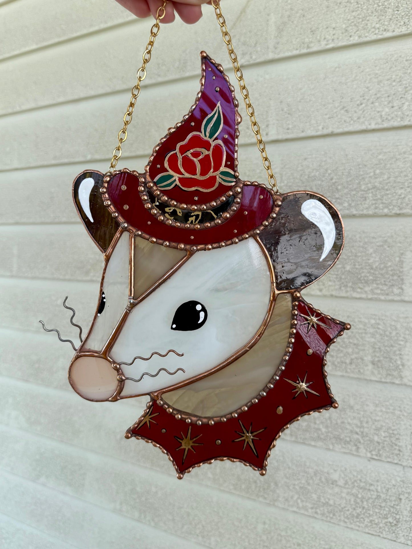 Rose Witch Opossum Stained Glass Suncatcher