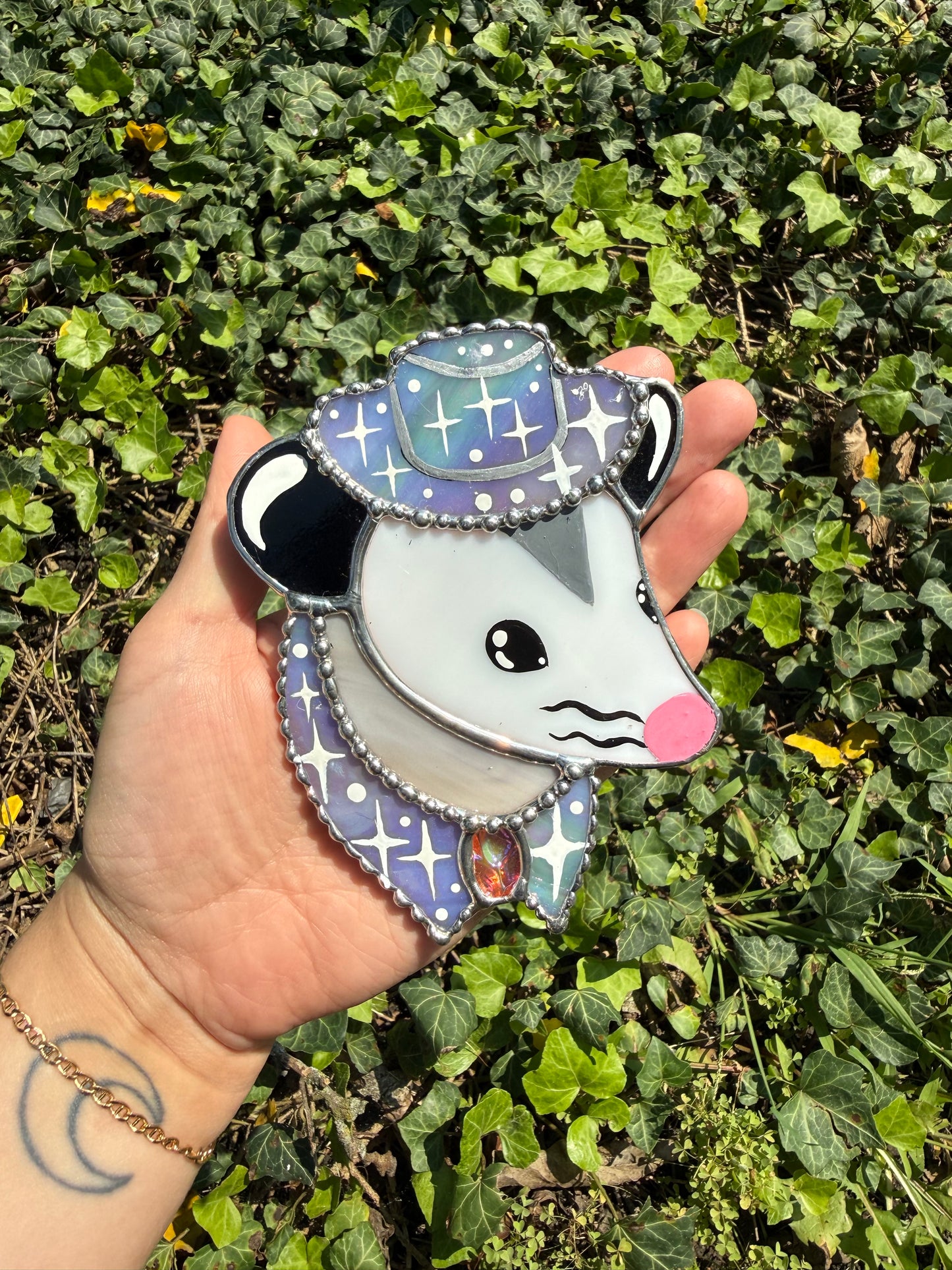 Mini Purple Cowboy Opossum Stained Glass Suncatcher
