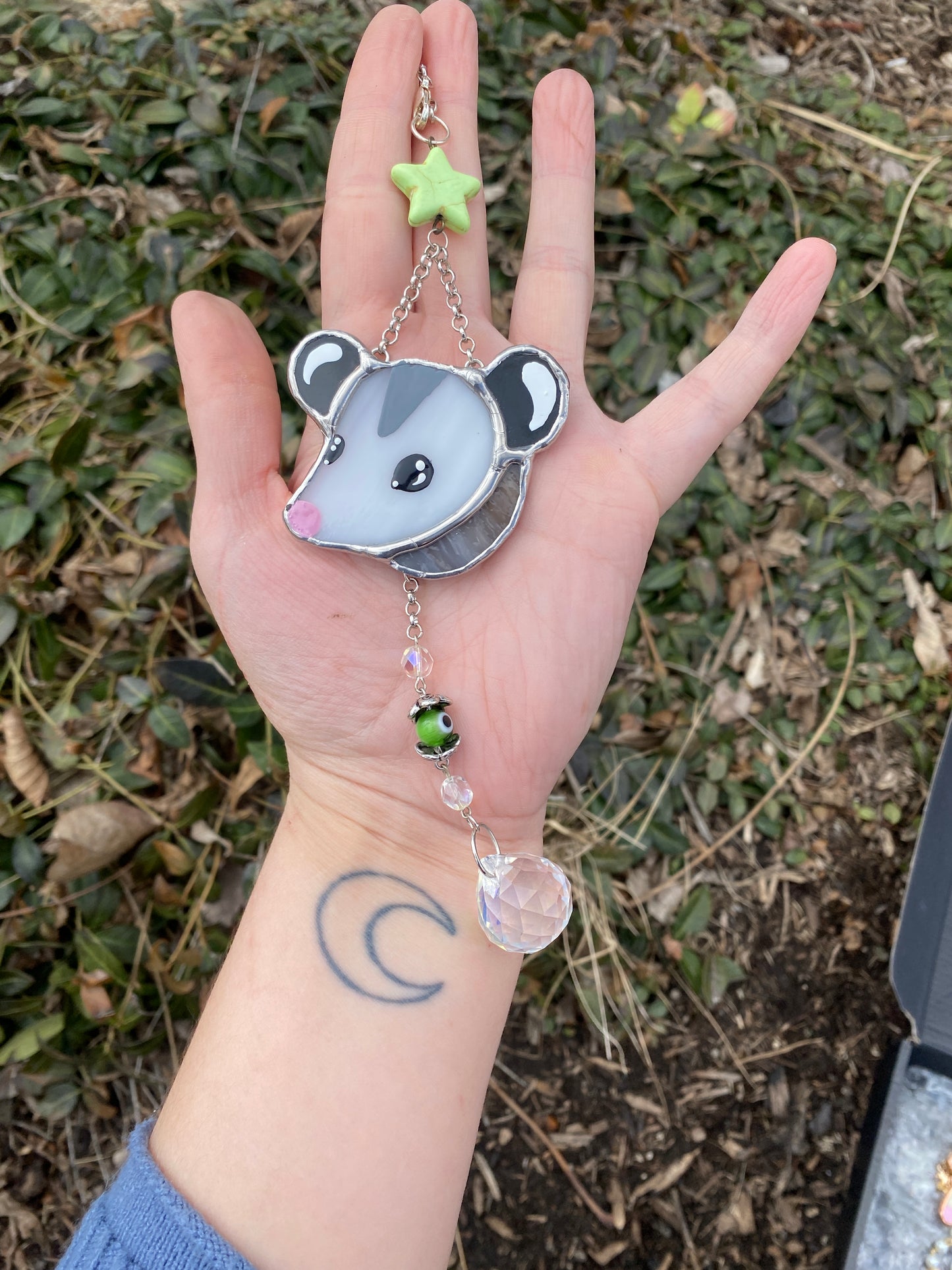 Green Star Opossum Stained Glass Charm