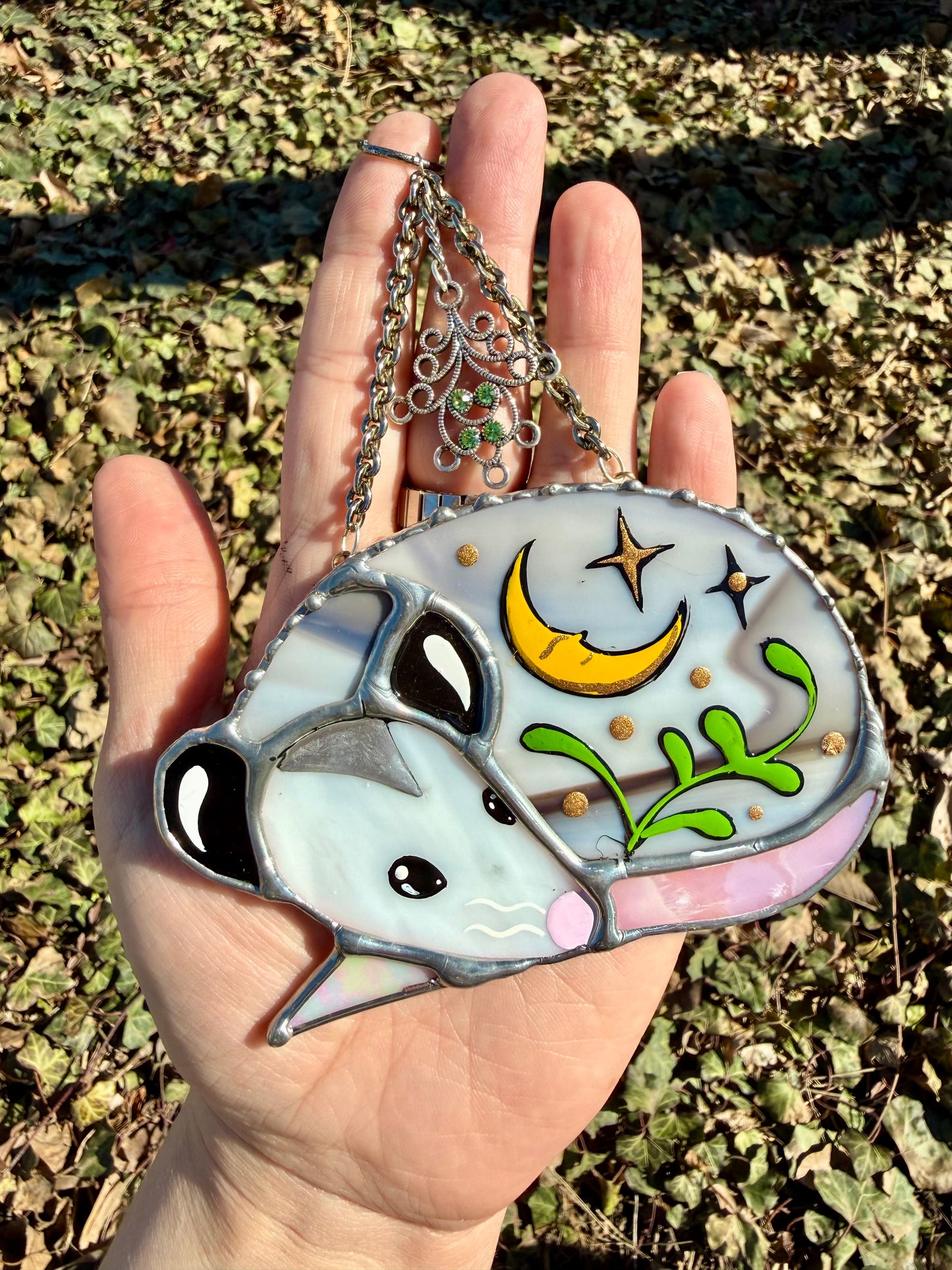 Sleepy Moon and Vine Opossum Stained Glass Mini
