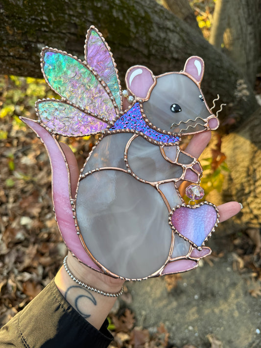 Grey Fairy Rat Stained Glass Suncatcher