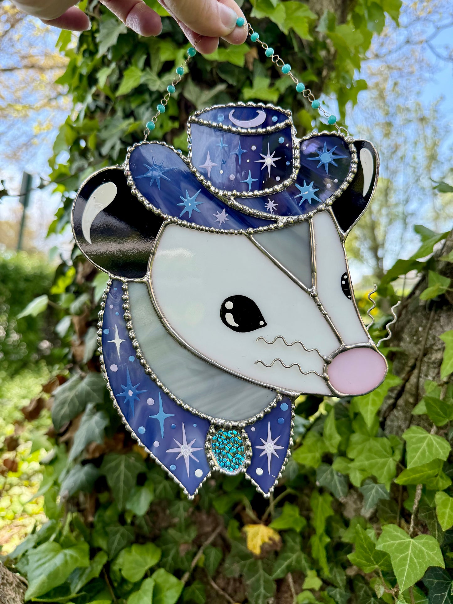 Sparkle Cowboy Opossum Stained Glass Suncatcher