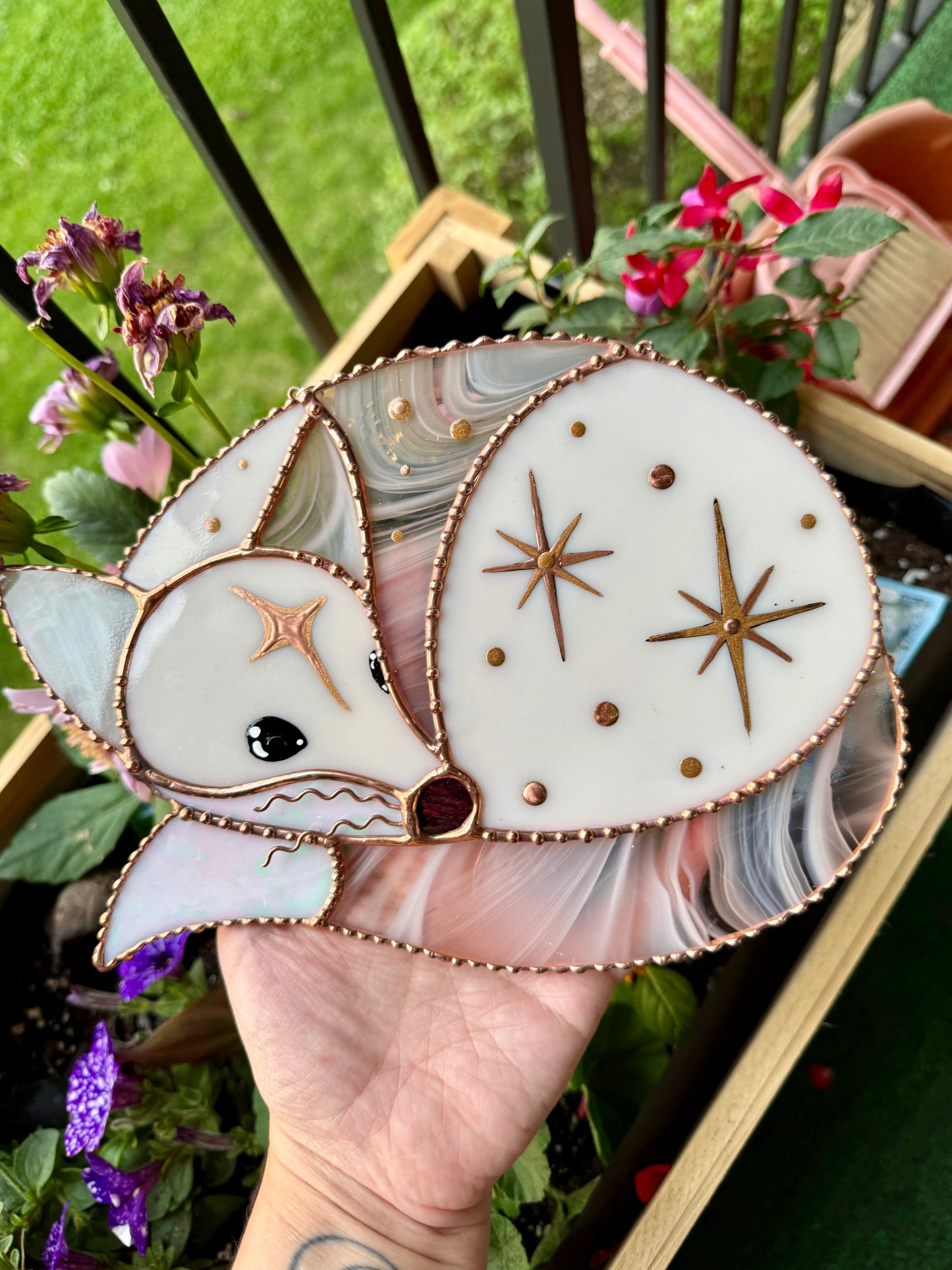 Large Celestial Pink Fox Stained Glass Suncatcher