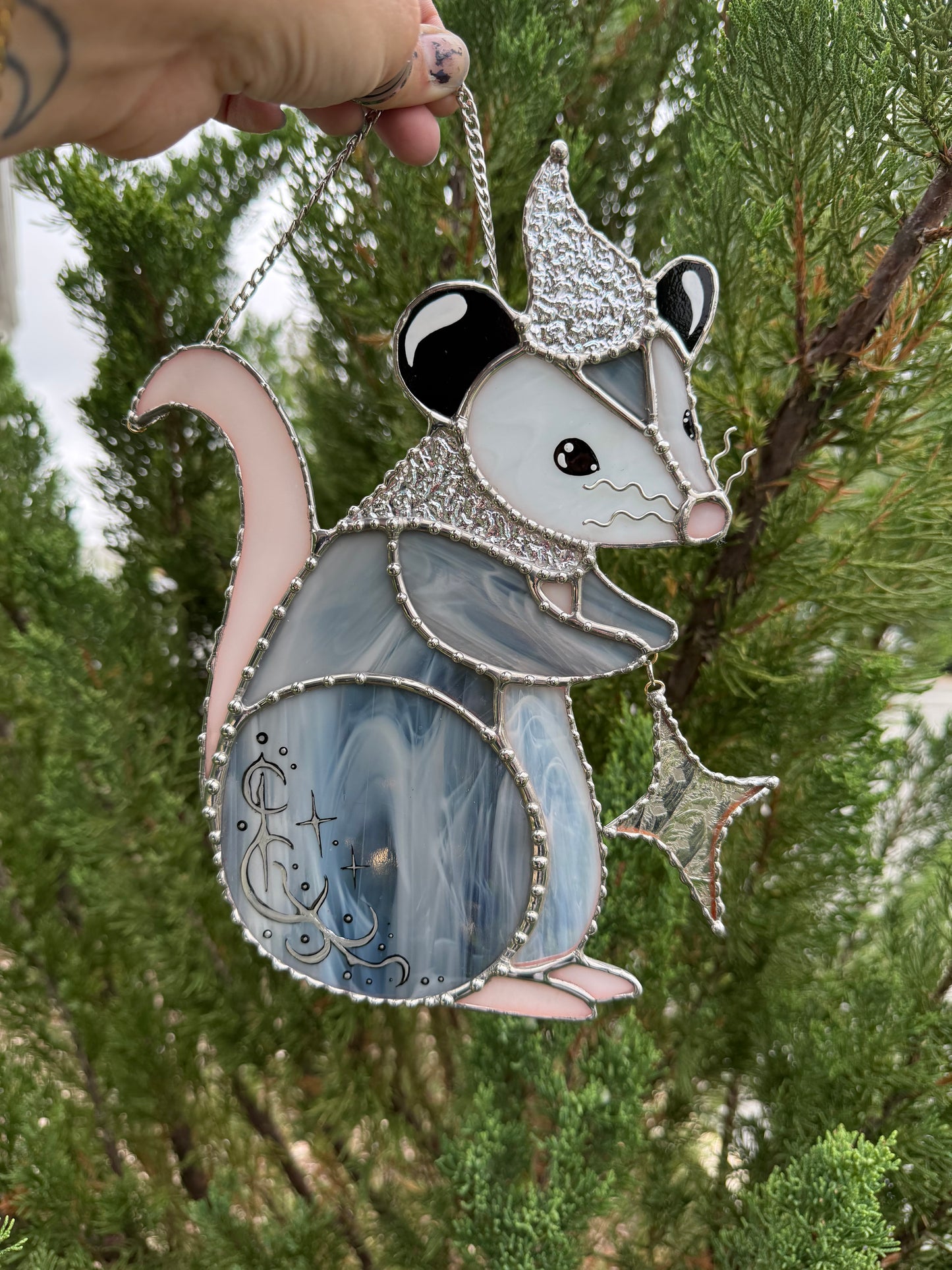 Silver Wizard Opossum Stained Glass Suncatcher