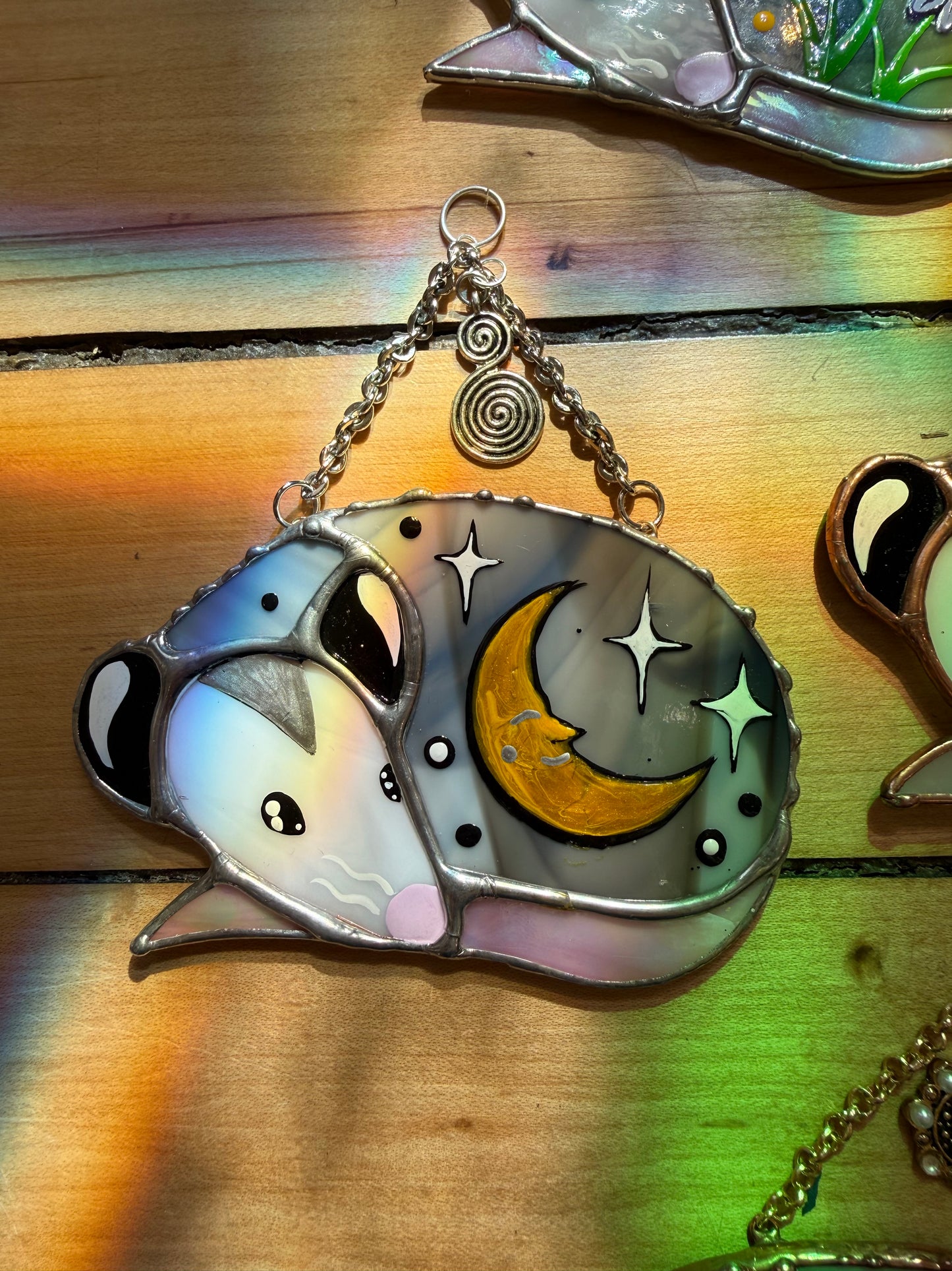 Sleepy Silver Moon Opossum Stained Glass Mini