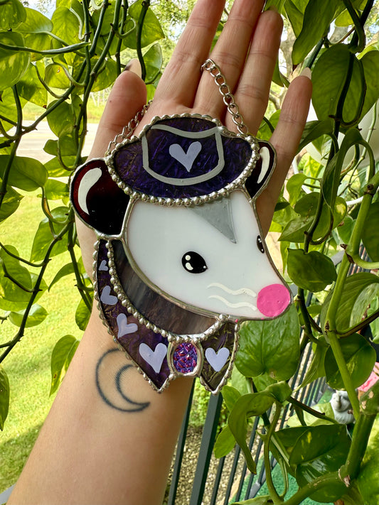 Mini Purple Heart Cowboy Opossum Stained Glass