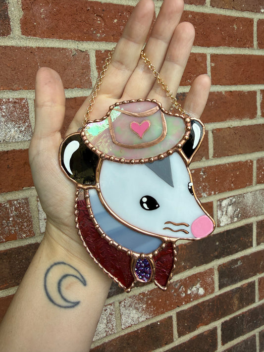 Mini Pink Cowboy Opossum Stained Glass Suncatcher