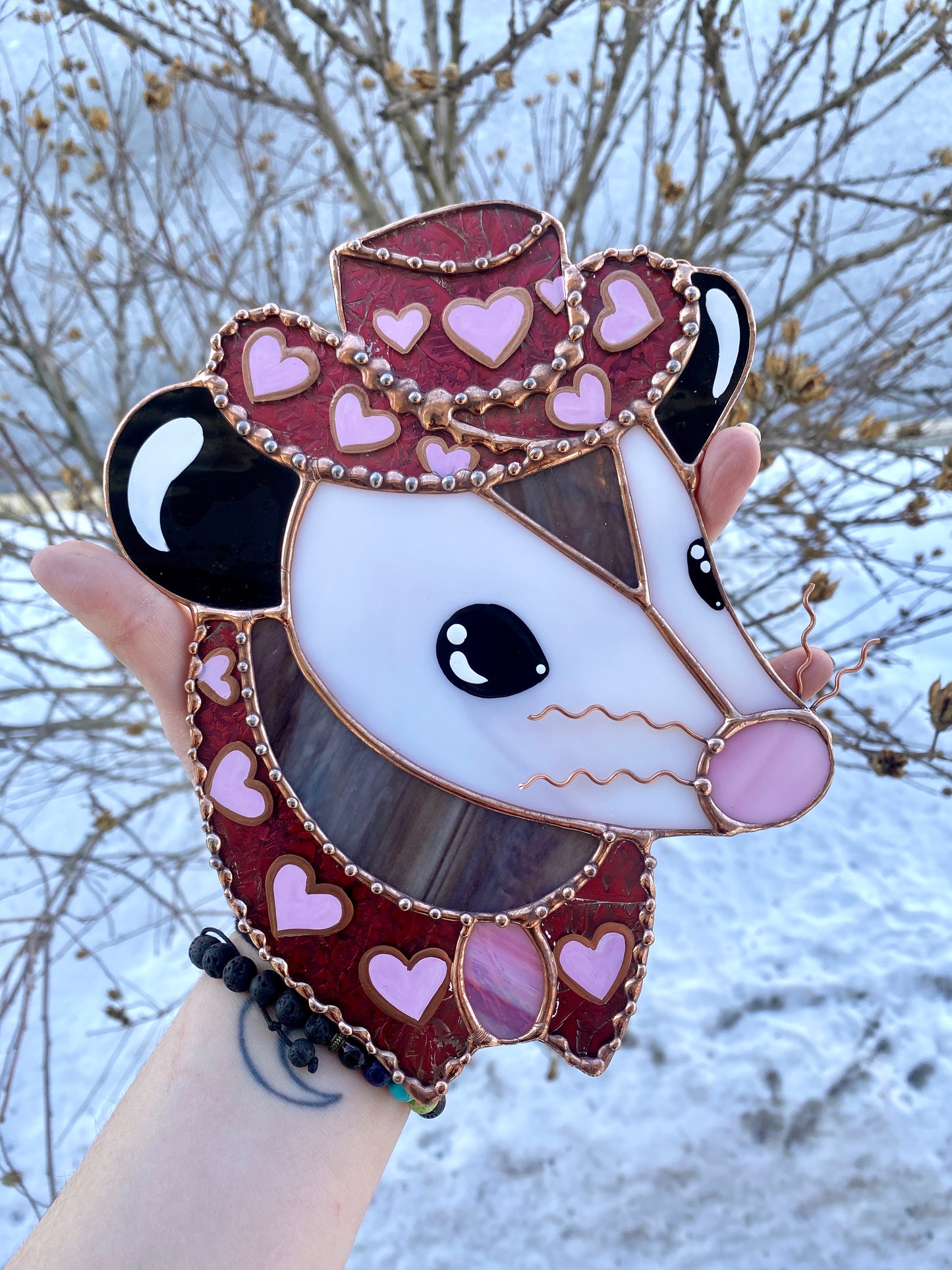 Pink Pony Opossum Stained Glass Suncatcher