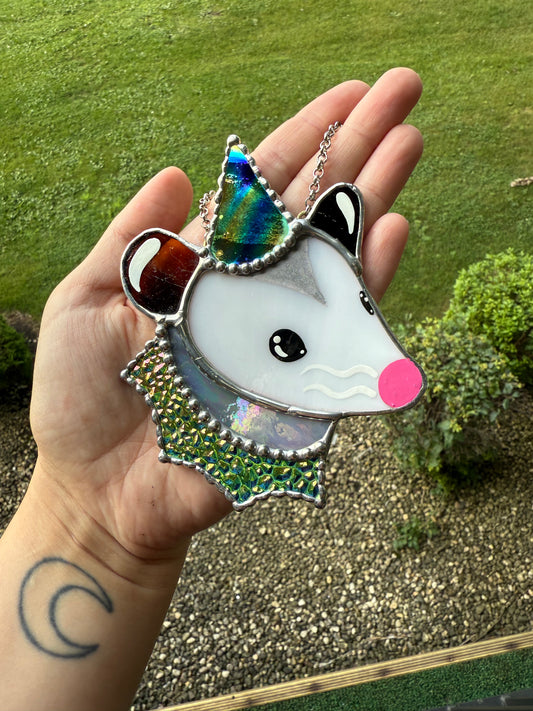 Dichroic Party Opossum Stained Glass Ornament
