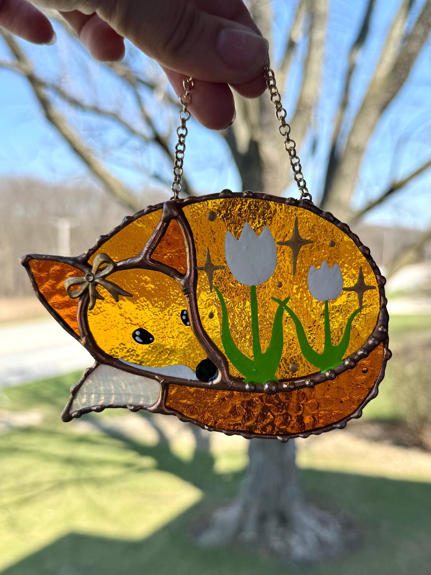 White Tulip Fox Mini Stained Glass Suncatcher