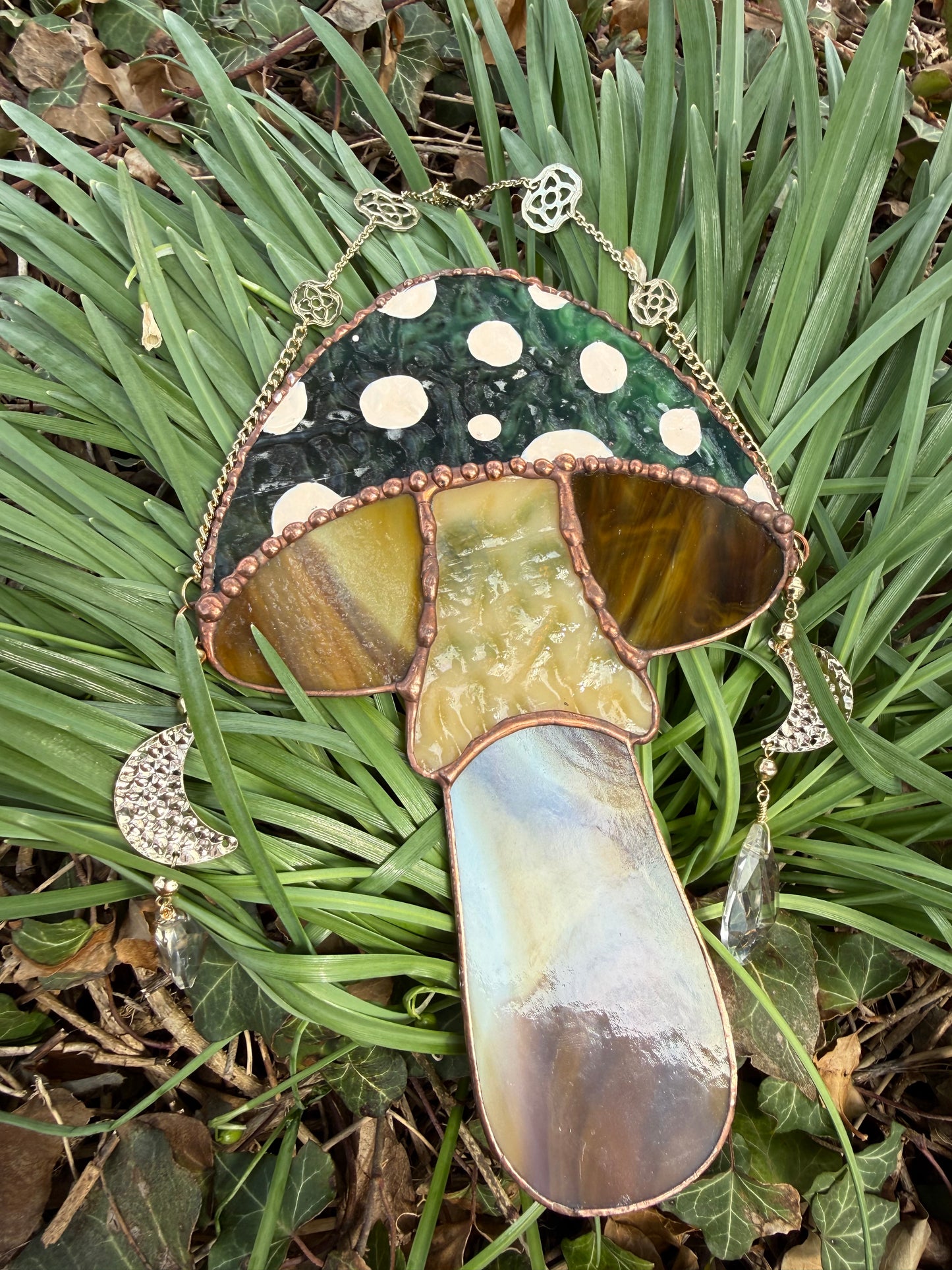 Forest Green Mushroom Stained Glass Suncatcher