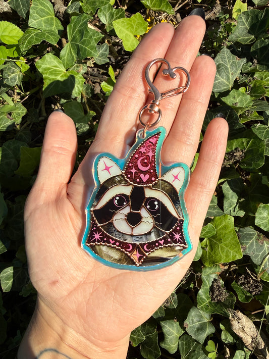 Pink Wizard Raccoon Holographic Acrylic Bag Charm