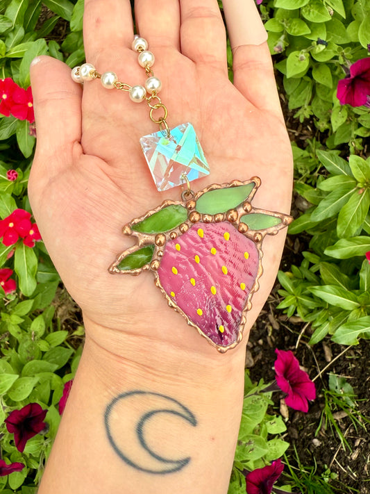 Deep Pink Strawberry Stained Glass Car Charm