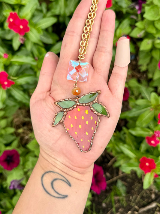 Red Strawberry Stained Glass Car Charm