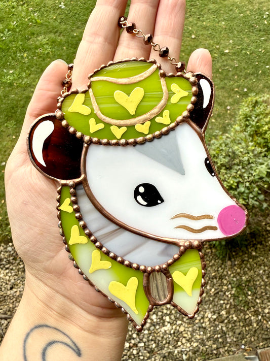 Mini Green and Gold Cowboy Opossum Stained Glass Suncatcher