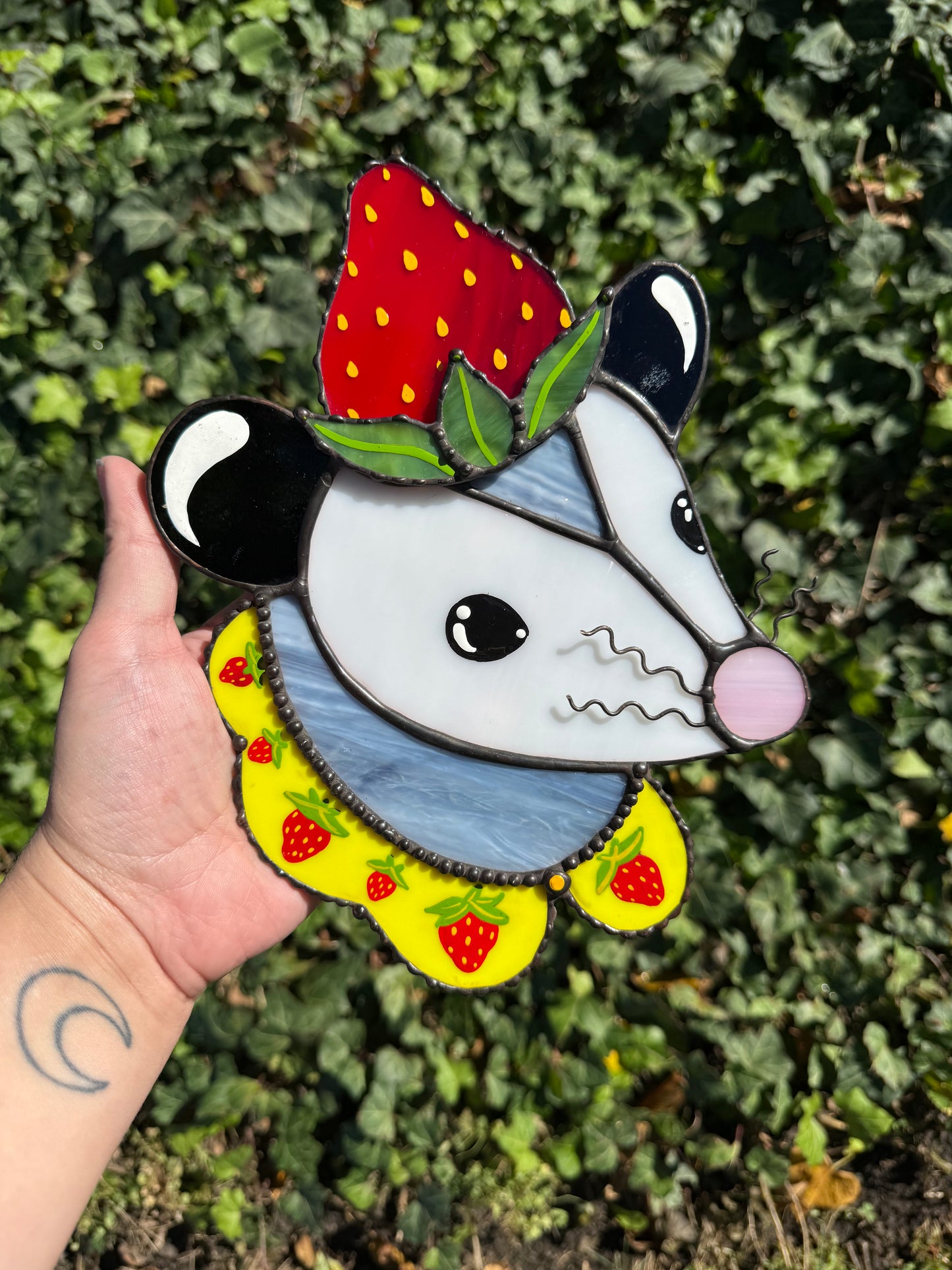 Strawberry Opossum Stained Glass Suncatcher