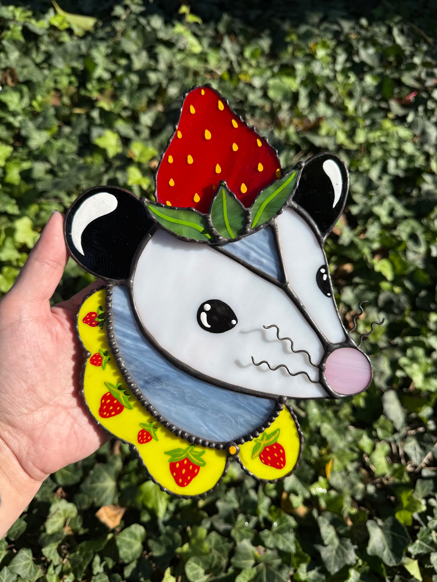 Strawberry Opossum Stained Glass Suncatcher