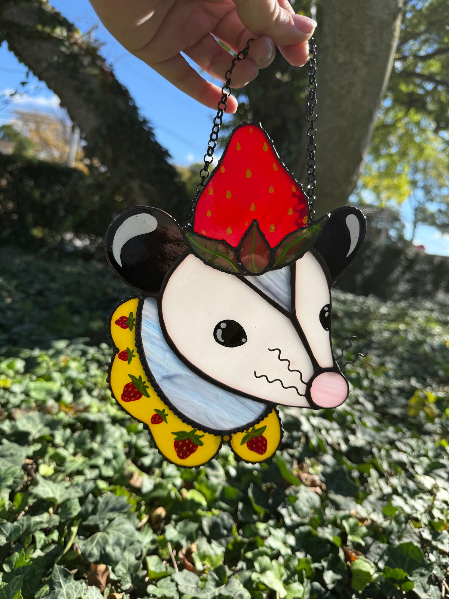 Strawberry Opossum Stained Glass Suncatcher