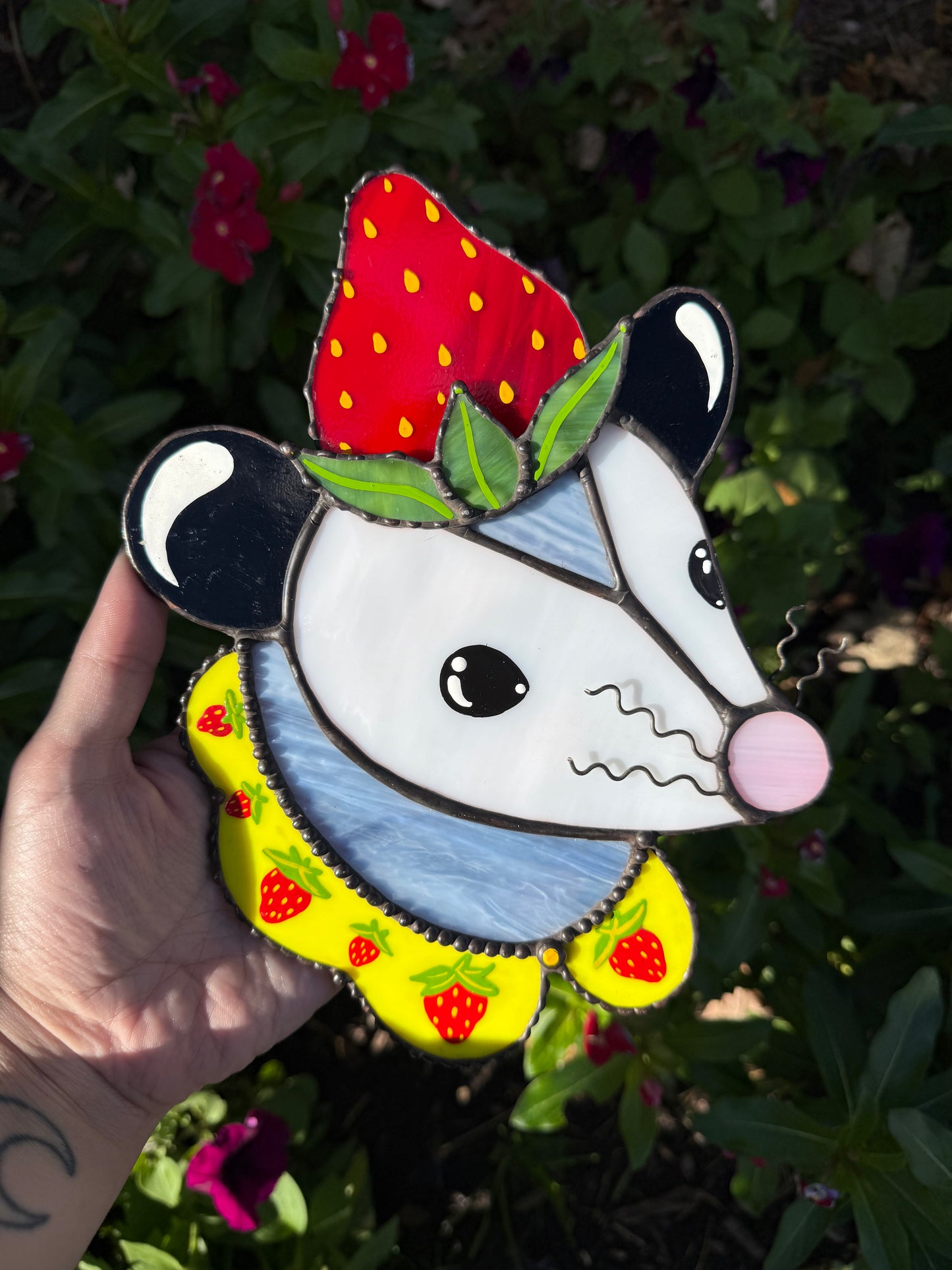 Strawberry Opossum Stained Glass Suncatcher