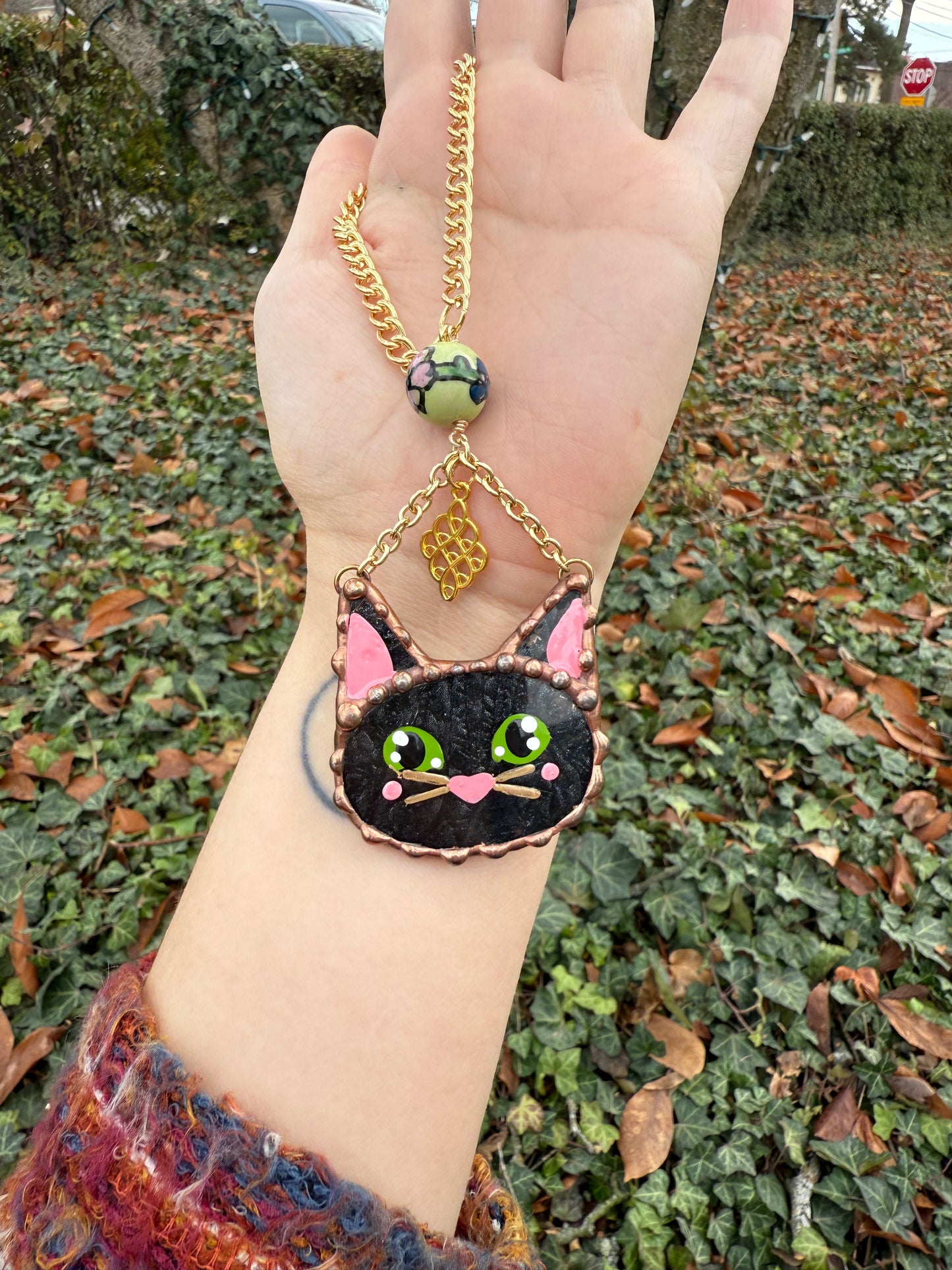 Flower Cat Stained Glass Charm