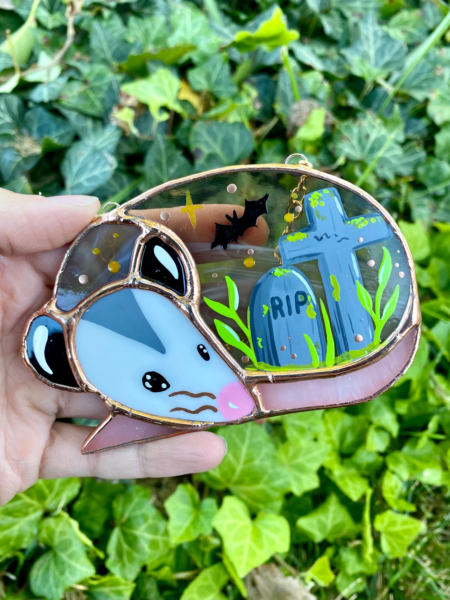 Cemetery Mini Halloween Opossum Stained Glass Suncatcher