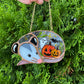 (Version 2) Pumpkins, Ghost and Bat Sleepy Opossum Mini Stained Glass Suncatcher