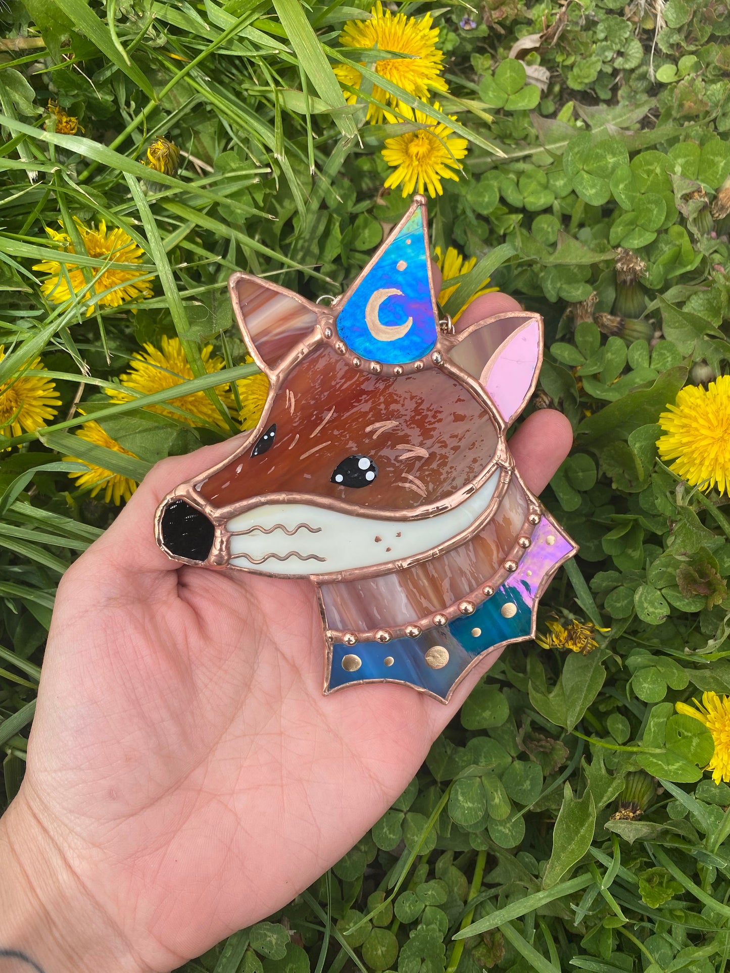 Blue/green Iridescent Mini Wizard Fox Stained Glass Suncatcher