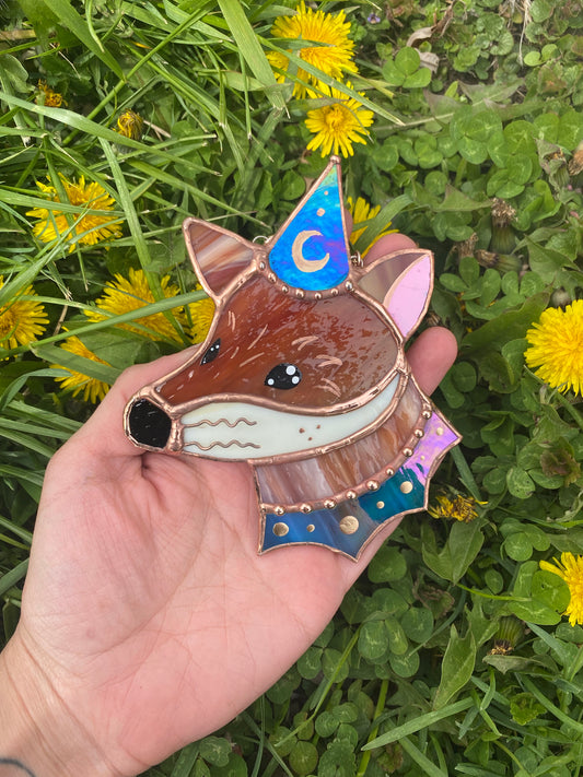 Blue/green Iridescent Mini Wizard Fox Stained Glass Suncatcher