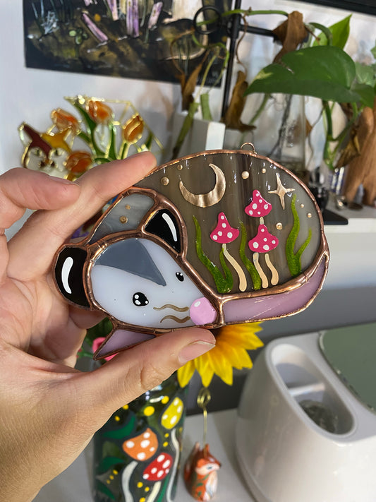 Mini Pink Mushroom Opossum Stained Glass Suncatcher
